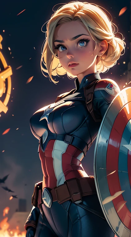 Elsa-Captain America Fusion, Captain America's Clothes, Cabelos brancos da Elsa, melting, 1girl, Latex bodysuit, Captain America's Shield, Beautiful, (master part:1.2), (melhor qualidade:1.2), ((pose de luta)), ((campo de batalha)), cinemactic, olhos perfeitos, pele perfeita, perfect lighting, sorrir, luz, cor, pele texturizada, detalhe, Beleza, maravilha, ultra-detalhado, rosto perfeito