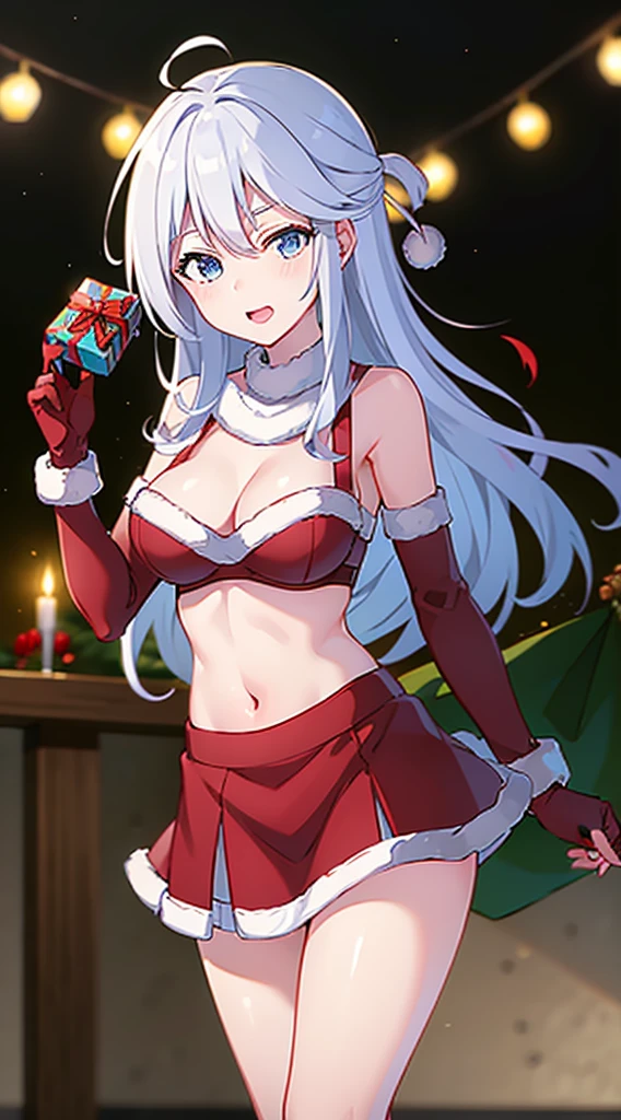 masterpiece, best quality, 1 solo girl, silver hair, blue eyes, long hair, wavy hair, Christmas ornaments, medium breasts, mature body and face, red christmas dress, christmas, christmas light, christmas tree, red gloves, red santa skirt, holding gift, red bra, red panty, leg up, cowboy shots, sexy pose, dakimakura, detailed body, face, and eyes, sharp focus, vibrant, creative, dynamic, high definition, high resolution, 8k, (Upscale: R-ESRGAN 4x+ Anime6B), (Image enchance:4x), voluptuous body