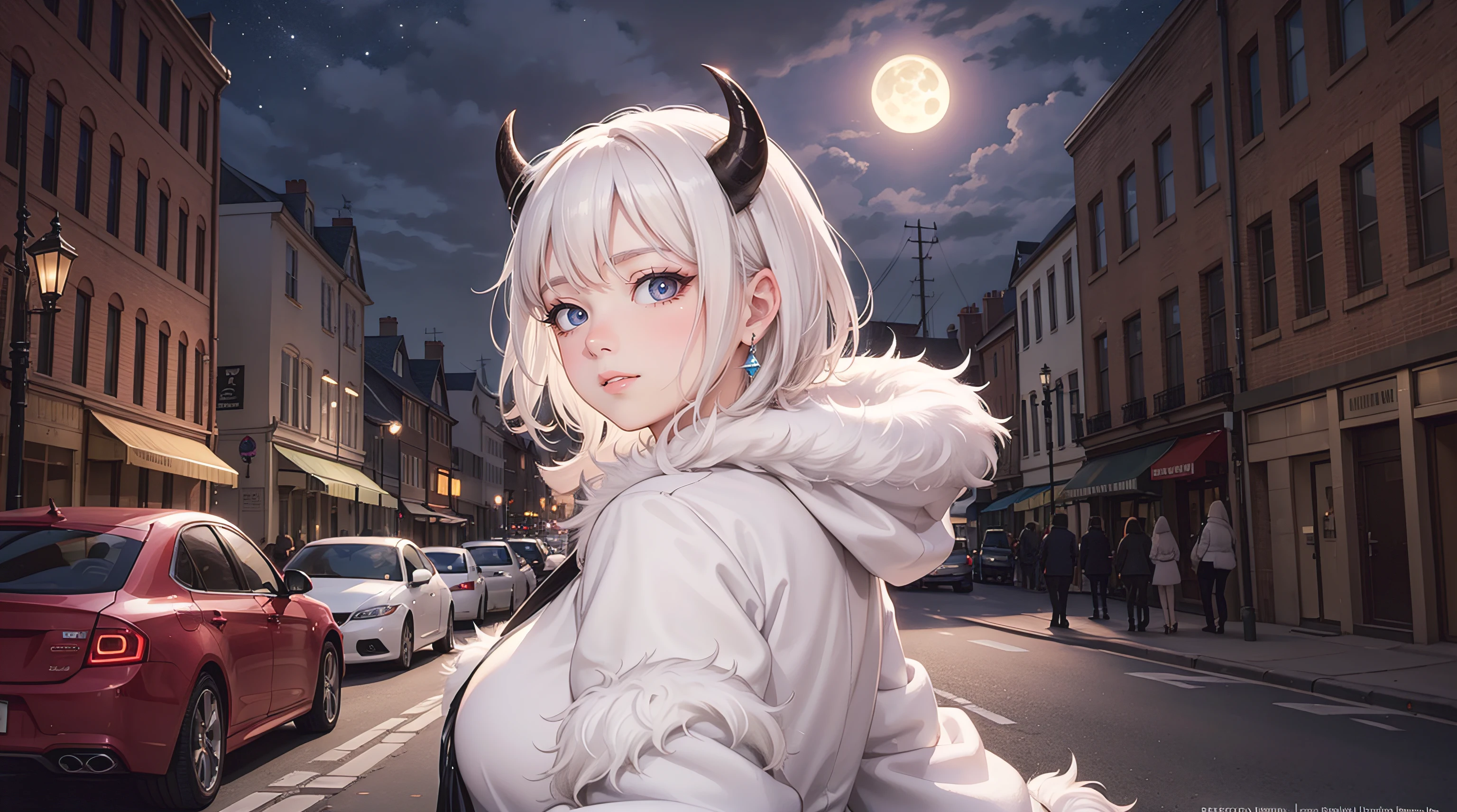 (masterpiece, best quality, ultra-detailed, photorealistic), 1 girl, curvaceous but slender body, perfect eyes, perfect face, perfect lighting, textured skin, beautiful detailed face, (detailed face:1.4), beautiful detailed eyes, ambient light, realistic shadows, beautiful detailed pupils, cute, beelzebub, short hair, white hair, demon girl, demon tail, freckles, red eyes, white horns, purple lipstick, lips, blush, white fur coat, (white fur-trimmed coat:1.3), outdoors, street, (night:1.2), cars in the backgrounds, Headlights, church in the background, lights, moon, looking at viewer, walking, smiling, from the side, full body, rich, expensive, jewelry