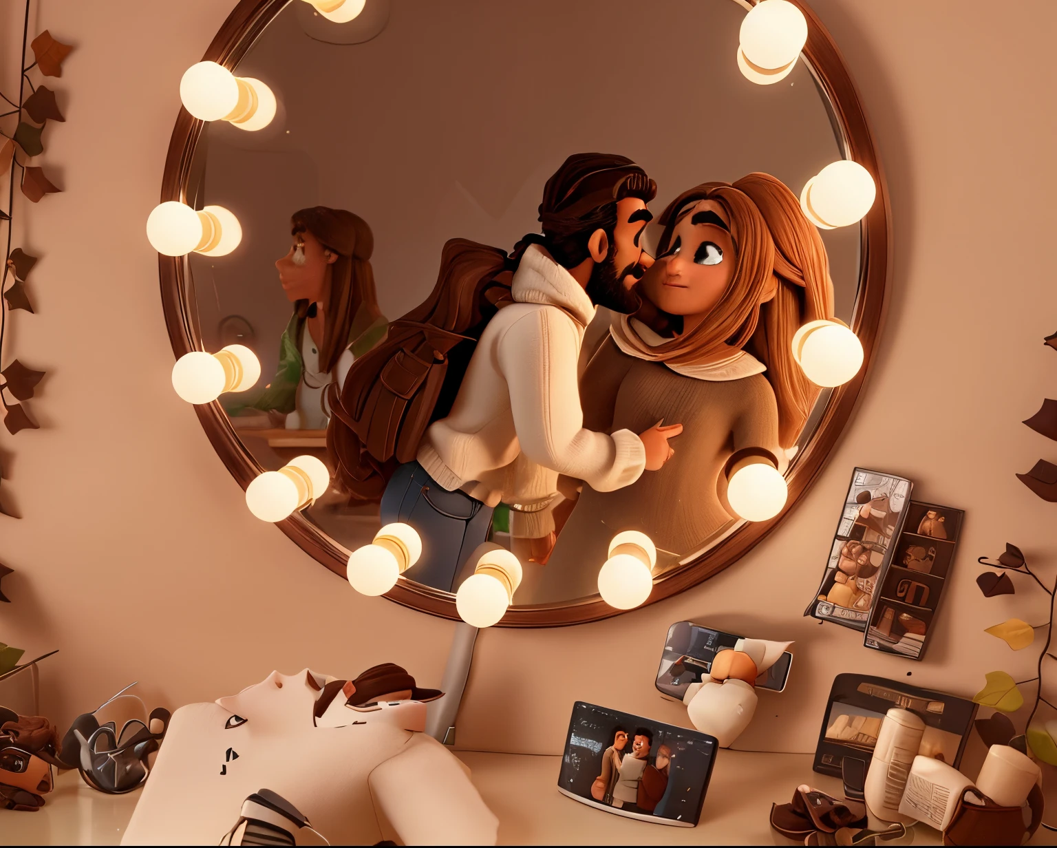 two couples brown man with a short beard wearing a white sweater kissing his girlfriend from the side on a circle led mirror white girl with long brown hair wearing all black Disney Pixar 3d