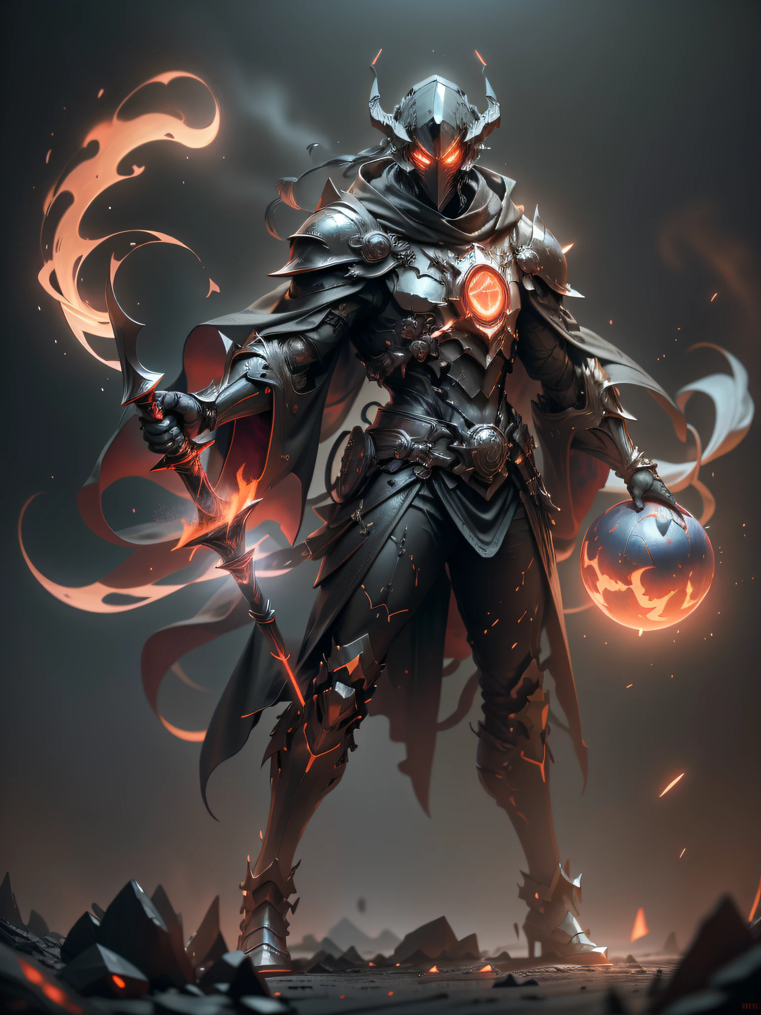 Ghost mage with lava wand, male mage, full body red armor, super cool ghost mage, wearing fiery red cloak, huge staff, glowing lava magic ball, magic pose, very tall, tall, glowing eyes, with mask, tall figure, perfect body proportions, looking up view, IP by pop mart, edge light, avatar, octane rendering, blender, black background of riot battlefield, 3d, c4d, best quality, very detailed, ancient technology, HDR (High Dynamic Range), Ray Tracing, NVIDIA RTX, Super Resolution, Unreal 5, Subsurface Scattering, PBR Texture, Post-processing, Anisotropic Filtering, Depth of Field, Maximum Sharpness and Sharpness, Multi-layer Textures, Albedo and Highlight Maps, Surface Shading, Accurate Simulation of Light-Material Interactions, Perfect Proportions, Octane Rendering, Two-tone Illumination, Low ISO, White Balance, Rule of Thirds, Wide Aperture, 8K RAW, High Efficiency Sub-Pixel, Subpixel Convolution, Luminous Particles, Light Scattering, The Tyndall effect