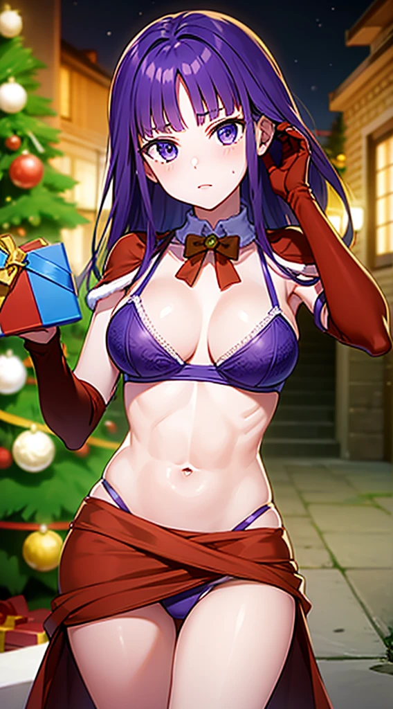 masterpiece, best quality, 1 solo girl, purple hair, purple eyes, long hair, wavy hair, Christmas ornaments, medium breasts, mature body and face, red christmas dress, christmas, christmas light, christmas tree, red gloves, red santa skirt, holding gift, red bra, red panty, leg up, cowboy shots, sexy pose, dakimakura, detailed body, face, and eyes, sharp focus, vibrant, creative, dynamic, high definition, high resolution, 8k, (Upscale: R-ESRGAN 4x+ Anime6B), (Image enchance:4x), voluptuous body