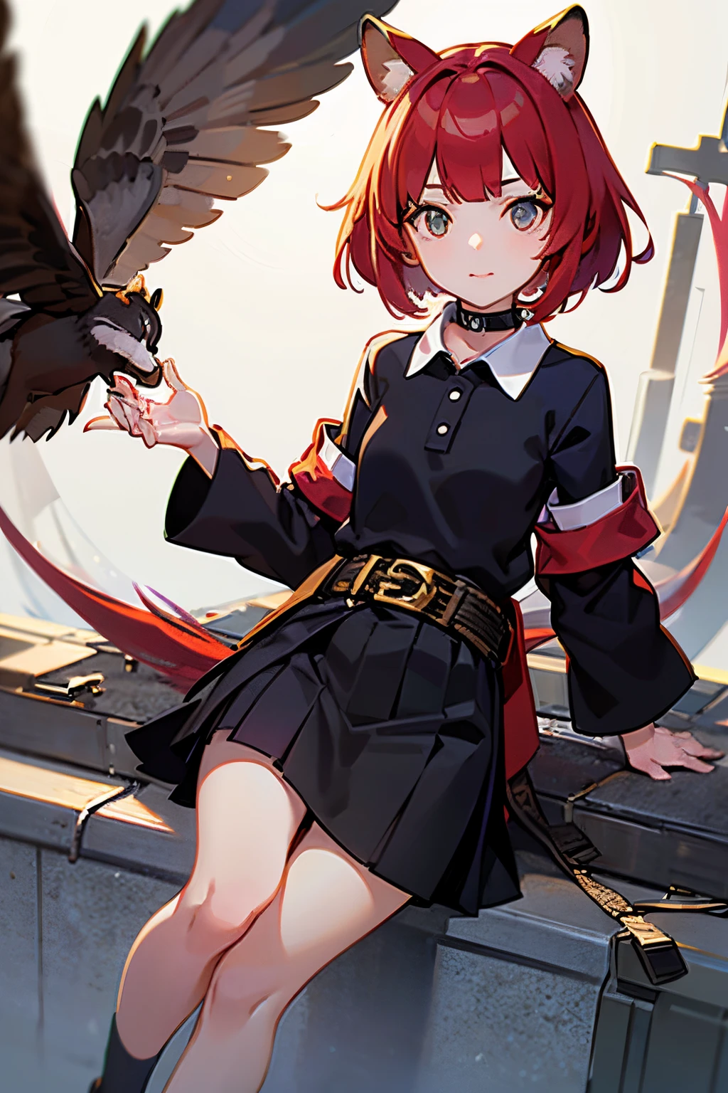 Masterpiece, intricate, anime style, full body, 1girl, rakkun, tanuki ears, red inner ears, red inner ear hair, 1tail, fluffy tail, racoon tail, brown and light brown ringed tail, beautiful eyes, detailed eyes, red and blue eyes blurred, short hair, red inner hair, brown hair, a strand of hair on the left side, red hair strips, short black shirt uncovered on the shoulders and with a black mesh with black borders up to the collar, polo shirt, short black skitr whit dark red checkered, black belt around the waist, looking at viewer