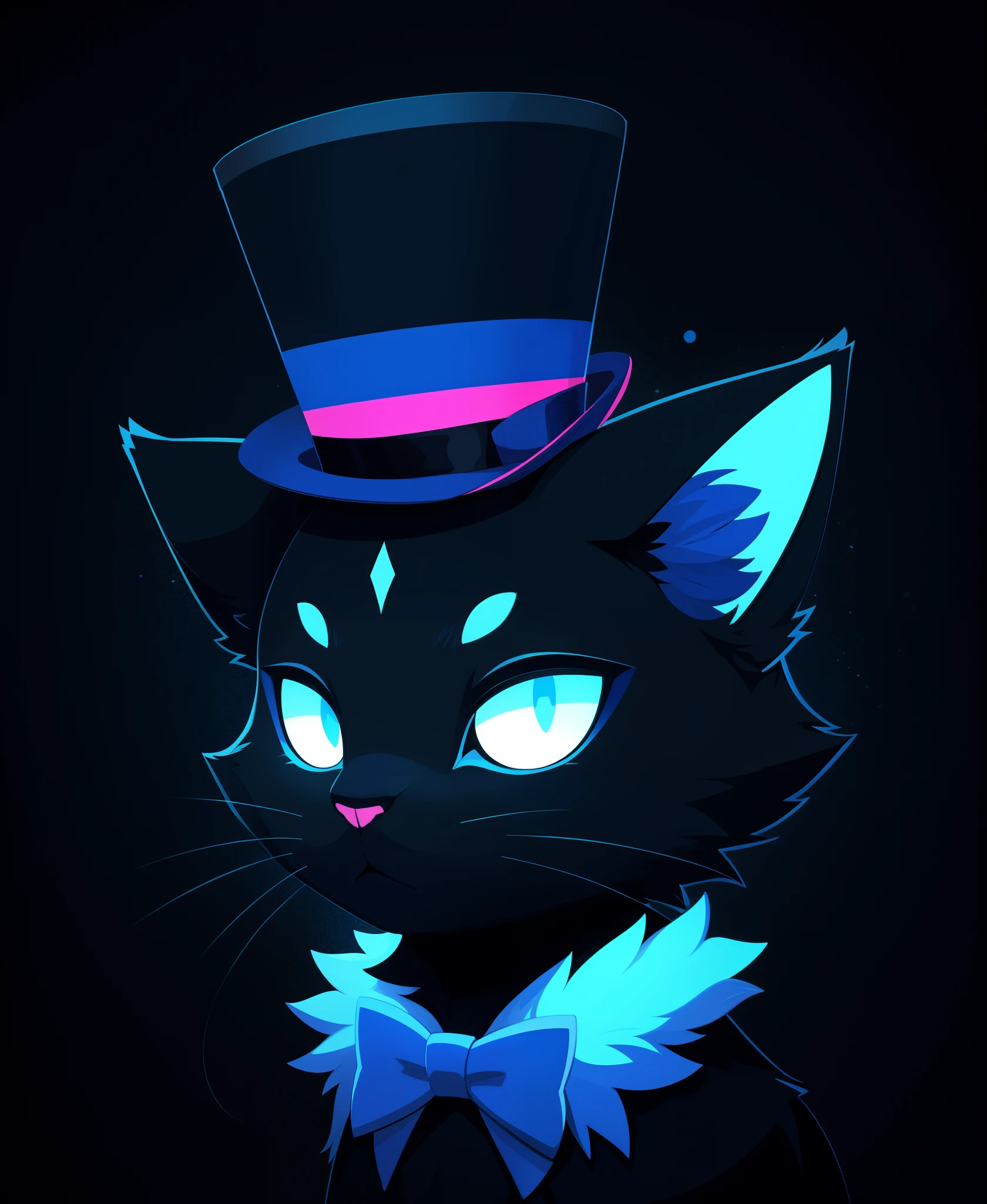 masterpiece, best quality, ultra high res, a cute cat, animal, beautiful, visually stunning, elegant, incredible details, award-winning painting, high contrast, vector art, line art, splatter, flat color, color merge gradient, (kitten:0.7), (dark blue theme:1.2), n3on, glowing, neon, (fluffy:1.2), top hat, cat eyes, serious, magenta, (no humans:1.4)