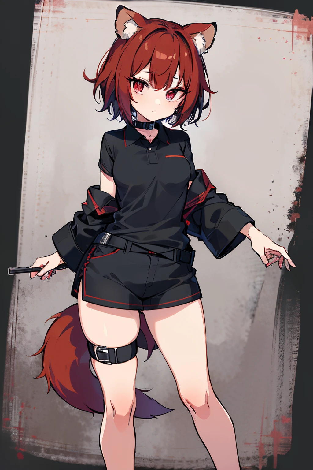 Masterpiece, intricate, anime style, full body, 1girl, rakkun, tanuki ears, red inner ears, red inner ear hair, 1tail, fluffy tail, racoon tail, brown and light brown ringed tail, beautiful eyes, detailed eyes, red and blue eyes blurred, short hair, red inner hair, brown hair, a strand of hair on the left side, red hair strips, short black shirt uncovered on the shoulders and with a black mesh with black borders up to the collar, polo shirt, short black skitr whit dark red checkered, black belt around the waist, looking at viewer