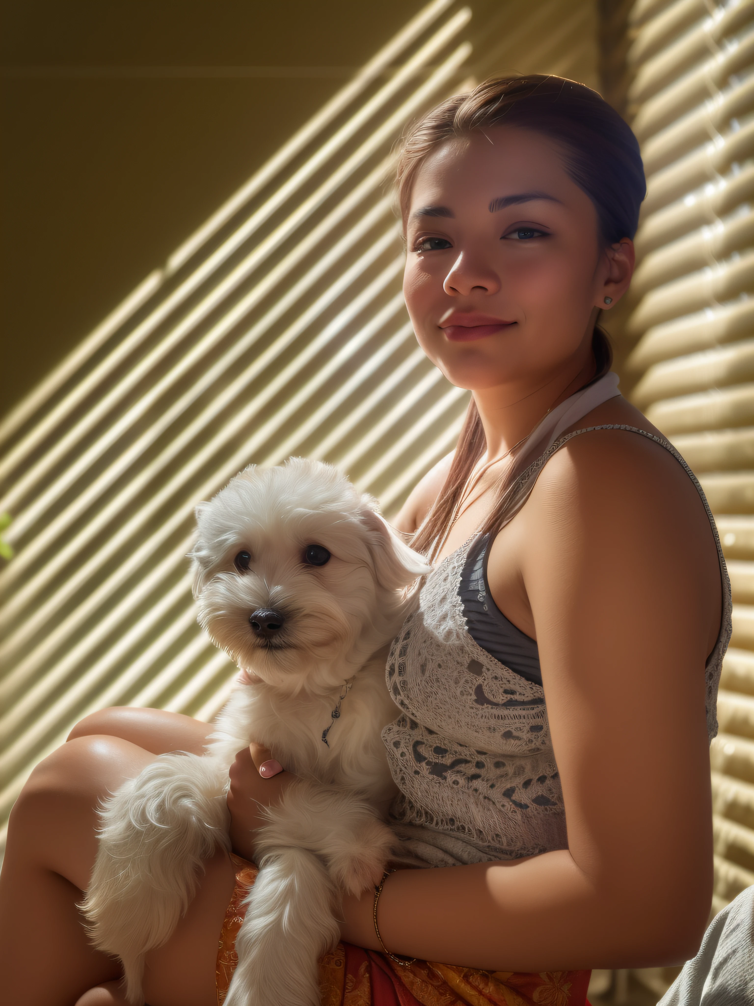 There is a woman holding a small white dog in her arms, sosteniendo su Yorkshire Terrier, Luz del sol de la tarde, Tomada con Sony Alpha 9, shot with sony alpha 1 camera, with the sun shining on him, Grabado con Sony Alpha, imagen vertical, small white dog at her side, full morning sun, Sol de la tarde, with small cat on his lap, sunny morning light