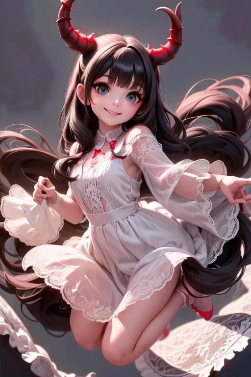 a (horned demon girl) smiling, wearing a lace cloth dress, black hair, red smokey eyes makeup, hair accesories, in a jumping float pose, full body, (((sfw)))