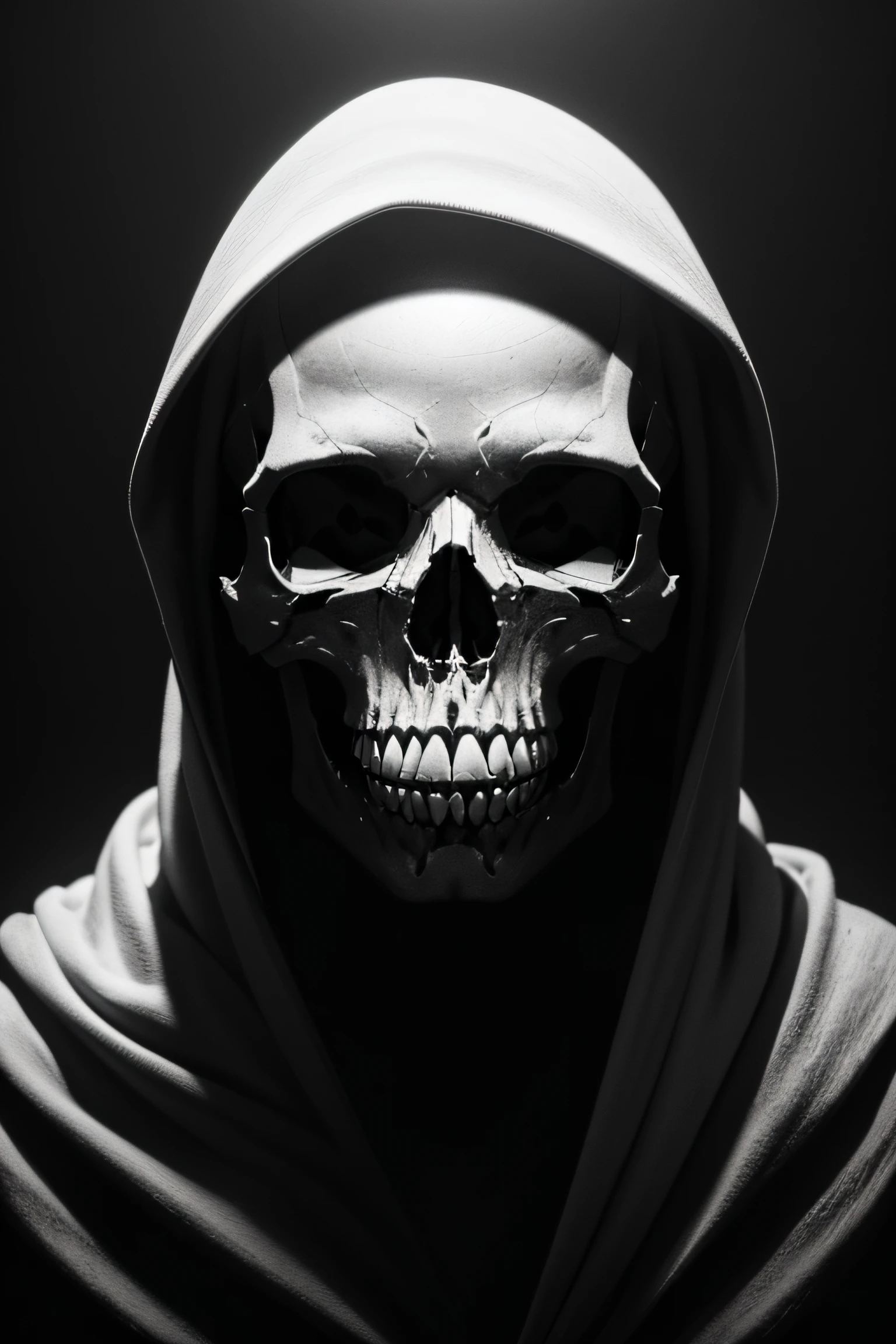 best quality,highres,ultra-detailed,realistic,photorealistic:1.37,black skull emerging from blank white canvas,stunningly detailed features,contrasting darkness and light,dramatic lighting,details of skull's eye sockets and teeth,subtle shading,monochromatic color scheme,sharp focus,pencil drawing style,contrast of smooth and textured surfaces,haunting and mysterious atmosphere