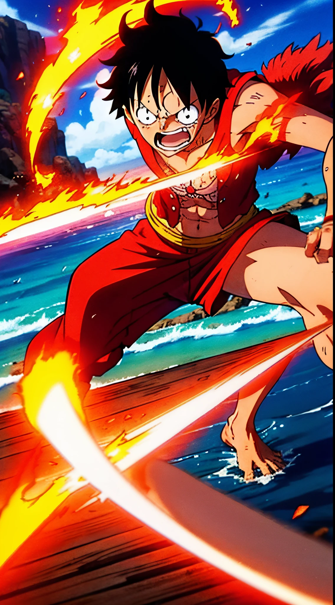 Luffy, Monkey D. Luffy, Doflamingo, Donquixote Doflamingo, fight, Luffy fighting with Donquixote Doflamingo, on an island, Luffy throwing a punch, blue fire coming out of the fist, the fist is black, Luffy has King's Haki, King's Haki, Haki on the arms, black arms, Doflamingo defeated, Doflamingo spitting blood, Doflamingo covered in blood and defeated, Luffy angry, anger, Luffy is angry, straw hat, the island is destroyed, masterpiece, work of art, best quality, anime, Wano, Wano arc, Wano style, HD, animation, 4K, 8K, HDR, high contrast, contrast, saturation, sharp focus, best quality, very bright colors, colorful, high saturation, neon colors, wanostyle