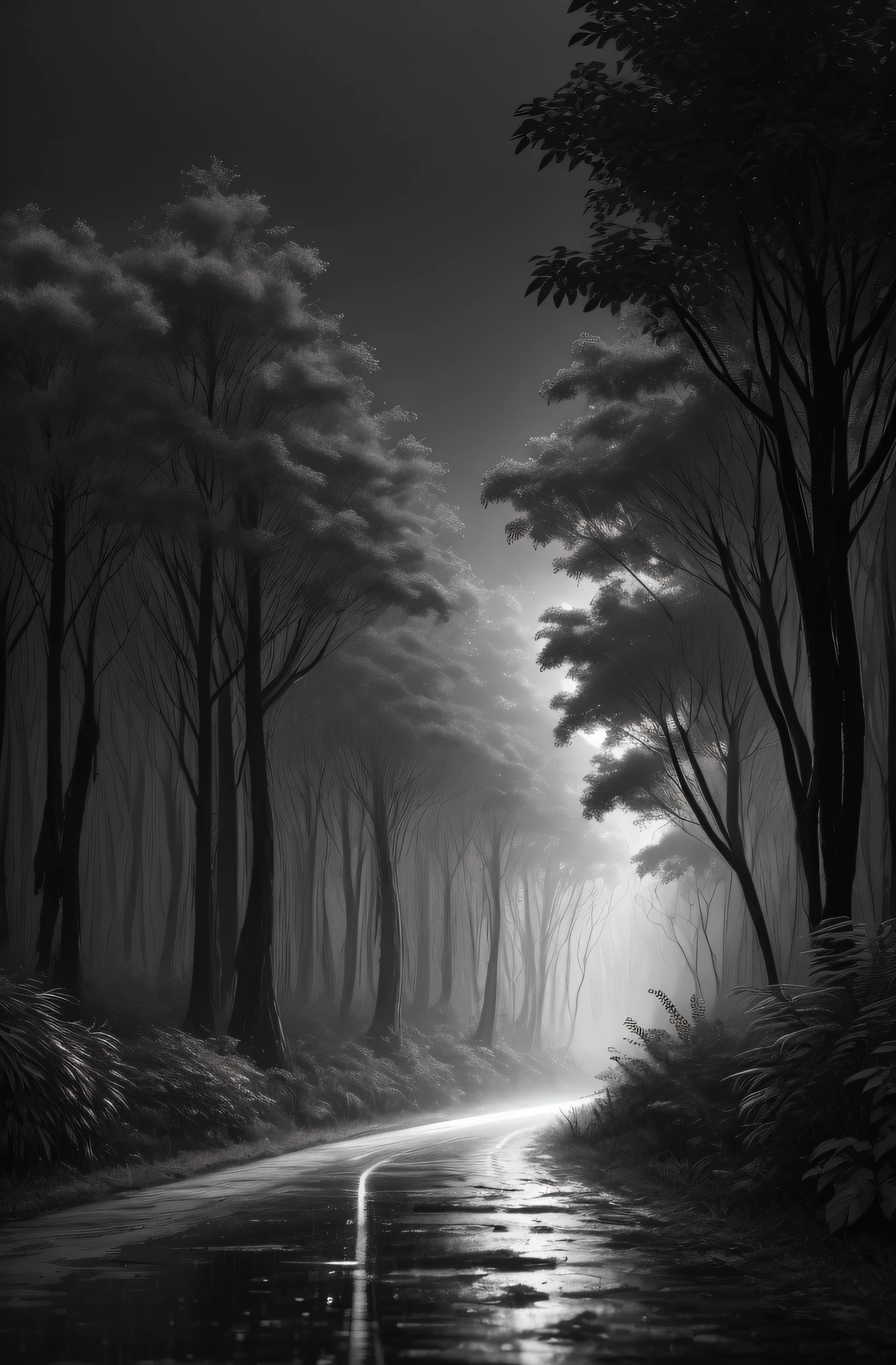 Jungle, with intense rains, monochrome, vines around, giant and wet trees, masterpiece, best quality, high quality, extremely detailed CG unity wallpaper 8k, oil painting, award-winning photography, bokeh, depth of field, HDR, flowering, chromatic aberration, photorealistic, very detailed, popular on artstation, popular in CGsociety, complex, high detail, dramatic, art in the middle of the road, volumetric lighting