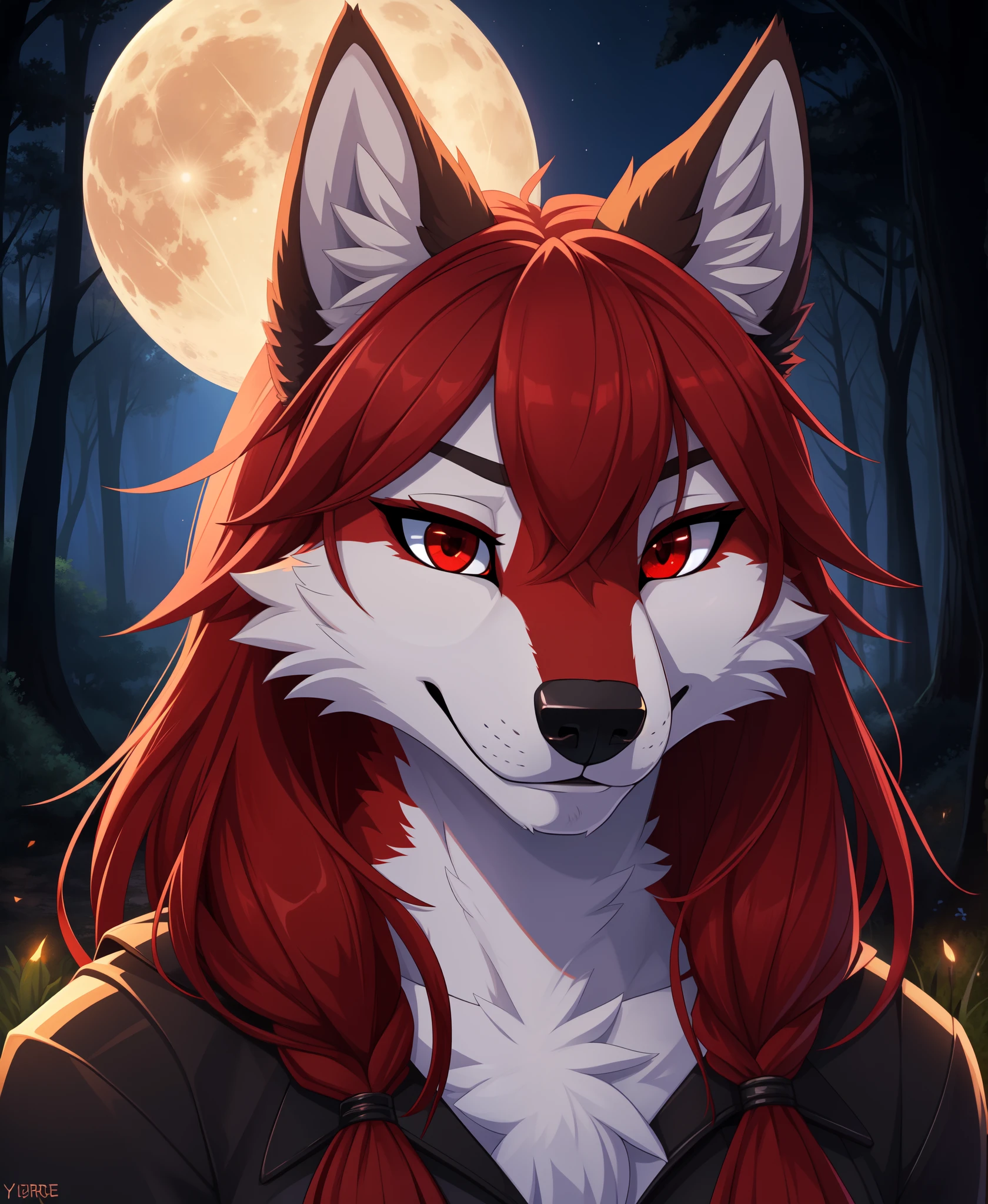 master_piece, high_resolution, high_res, portrait, wolf, female, furry,  bright_red_eyes, woods, full_moon, looking_at_viewer, yiff,  ultra_detailed, best_quality, FurryCore, High detailed