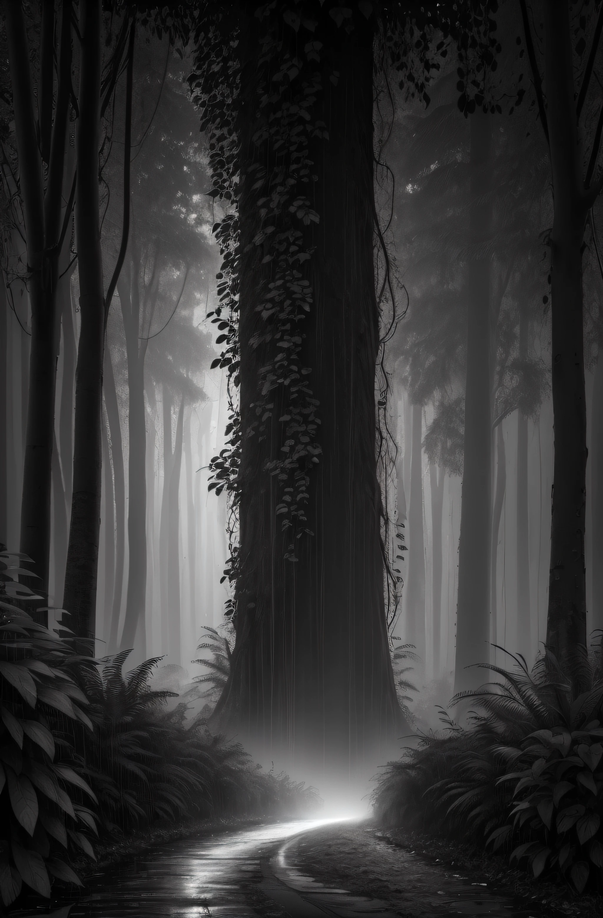 Jungle, with intense rains, monochrome, vines around, giant and wet trees, masterpiece, best quality, high quality, extremely detailed CG unity wallpaper 8k, oil painting, award-winning photography, bokeh, depth of field, HDR, flowering, chromatic aberration, photorealistic, very detailed, popular on artstation, popular in CGsociety, complex, high detail, dramatic, art in the middle of the road, volumetric lighting