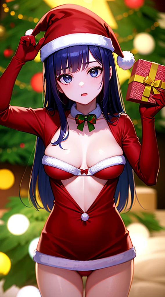 masterpiece, best quality, 1 solo girl, dark blue hair, blue eyes, long hair, wavy hair, Christmas ornaments, medium breasts, mature body and face, red christmas dress, christmas, christmas light, christmas tree, red gloves, red santa skirt, holding gift, red bra, red panty, leg up, cowboy shots, sexy pose, dakimakura, detailed body, face, and eyes, sharp focus, vibrant, creative, dynamic, high definition, high resolution, 8k, (Upscale: R-ESRGAN 4x+ Anime6B), (Image enchance:4x), voluptuous body