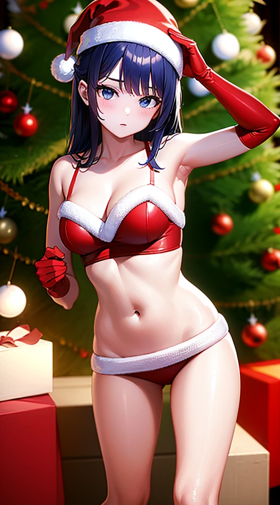 masterpiece, best quality, 1 solo girl, dark blue hair, blue eyes, long hair, wavy hair, Christmas ornaments, medium breasts, mature body and face, red christmas dress, christmas, christmas light, christmas tree, red gloves, red santa skirt, holding gift, red bra, red panty, leg up, cowboy shots, sexy pose, dakimakura, detailed body, face, and eyes, sharp focus, vibrant, creative, dynamic, high definition, high resolution, 8k, (Upscale: R-ESRGAN 4x+ Anime6B), (Image enchance:4x), voluptuous body
