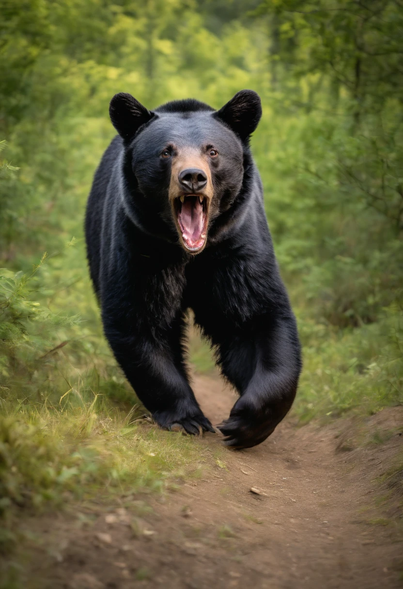 young adolescent black bear, roaring towards the camera. an animal companion, not an enemy