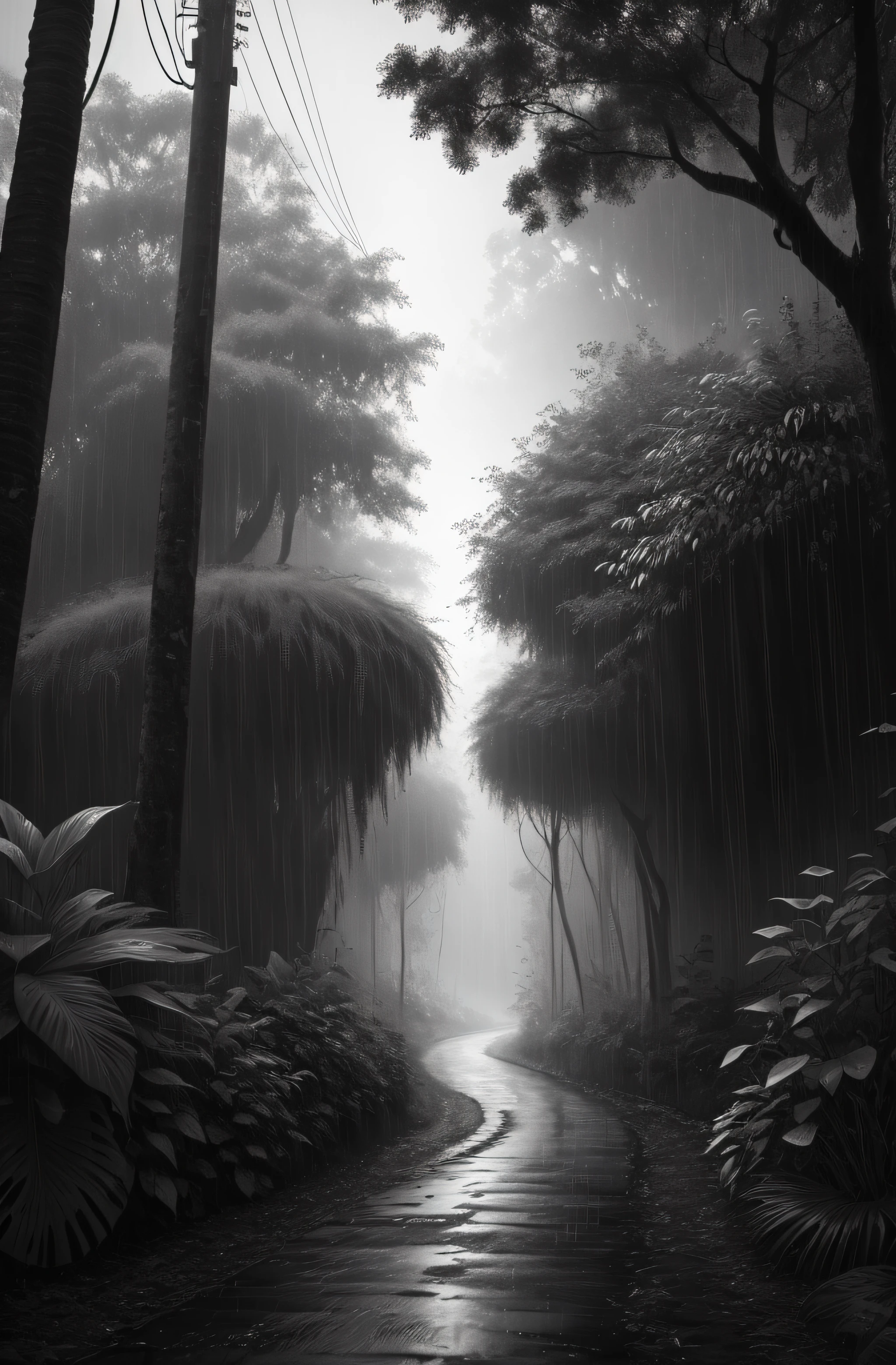 Jungle, with intense rains, monochrome, vines around, giant and wet trees, masterpiece, best quality, high quality, extremely detailed CG unity wallpaper 8k, oil painting, award-winning photography, bokeh, depth of field, HDR, flowering, chromatic aberration, photorealistic, very detailed, popular on artstation, popular in CGsociety, complex, high detail, dramatic, art in the middle of the road, volumetric lighting