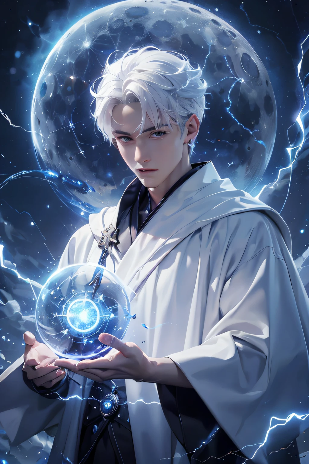 best quality, masterpiece, absurbres, super resolution, 1 male, magic circle, upper body, white hair, single focus, front, white robe, glowing blue weapons, (moon, starry sky, meteor), thunder magic, excessive energy, charged aura,