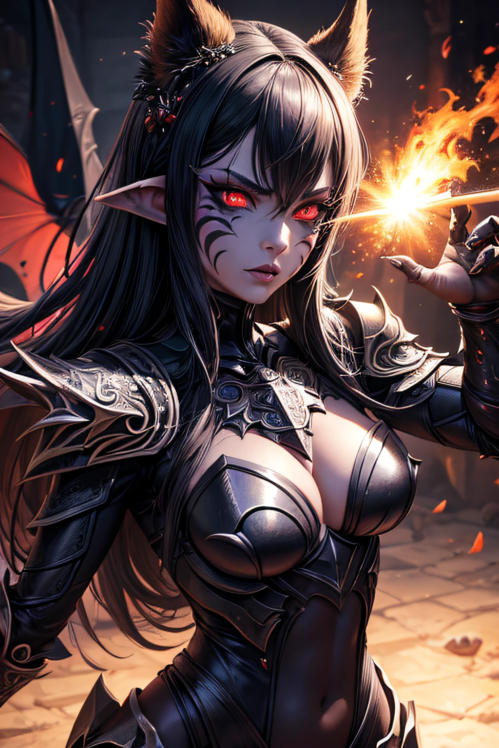 girl, monster girl, dark knight, evil look, sexi, wielding a mace, demonic armor, facepaint, bodypaint, red glowing eyes, combat stance, dark aura, menacing, psychotic, highly detailed, vibrant appearance, creative behavior, imaginative, sensual, spontaneous, highest quality, skin texture, intricate details, (cinematic lighting), RAW photo, 8k, masterpiece,best quality,ultra-detailed,very detailed illustrations,extremely detailed,intricate details,highres,super complex details,extremely detailed 8k cg wallpaper,