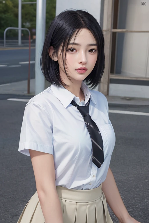 there is a woman wearing a white shirt and blue tie, girl wearing uniform, jk uniform, school uniform, wearing school uniform, girl school uniform, wearing school uniform, girl, wearing in shirt, magical school student uniform, wearing a school uniform, ulzzang, hyperrealistic schoolgirl, a hyperrealistic schoolgirl