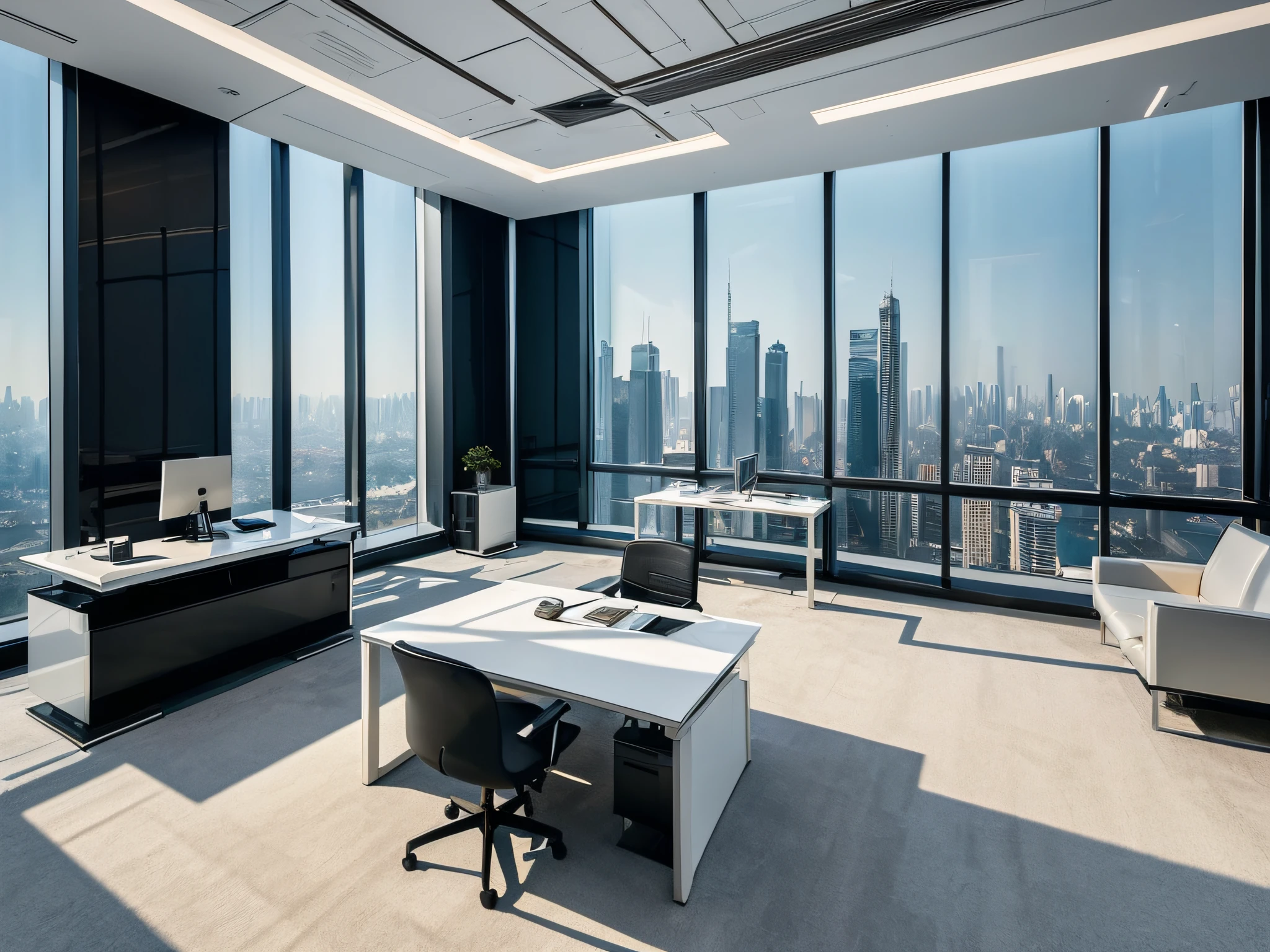 Vast president&#39;s office of a futuristic company　one desk is in the center of the room　Luxurious carpets　White theme　There is a window with a view of skyscrapers.　inside the house　Near future　minimalism　unmanned　digital concept art of dystopian　parlor