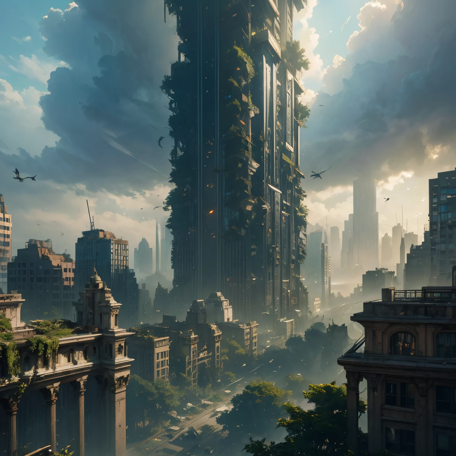 Decayed and crumbling skyscraper, nature taking over after human extinction, birds flying overhead, ethereal fantasy, hyper-detailed mist, 8k resolution concept art by Greg Rutkowski, Artgerm, WLOP, Alphonse Mucha, dynamic lighting, hyper-detailed, intricately detailed, Splash, triadic colors, Unreal Engine 5 volumetric lighting