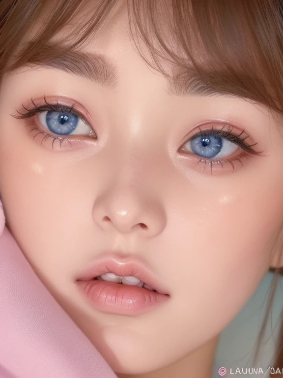 un primer plano de una mujer con ojos azules y una camisa rosa, Ojos azul pastel, Beautiful aesthetic face, ojos penetrantes azul claro, lindos ojos redondos rasgados, Dreamy eyes, Lalisa Manobal, Grandes ojos redondos lindos, hermosos ojos y cara, maquillaje popular de Corea del Sur, ojos brillantes, Rasgos de la cara coreana, ulzzang, grandes ojos redondos, pecas suaves