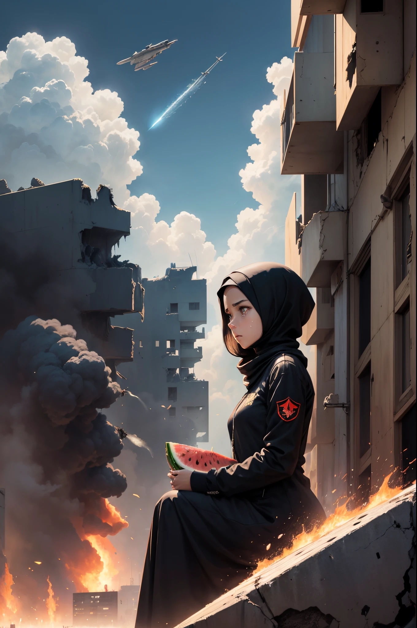 dynamic comic book style illustration , a girl wear abaya and hijab, looking to sky, very sad and crying, scared and looking to sky, watermelon in her hand, collapsed buildings on fire in the background,, groups of f-14 air force are drooping bombs in sky, side view