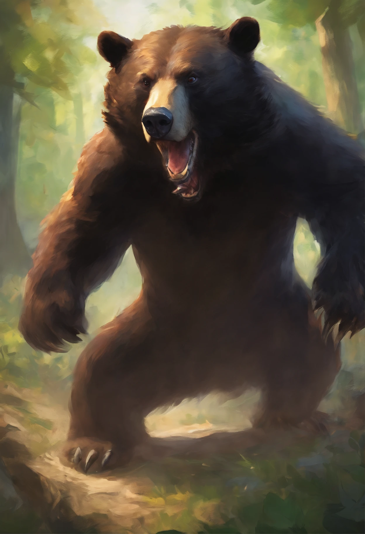 young adolescent black bear, roaring towards the camera. an animal companion, not an enemy