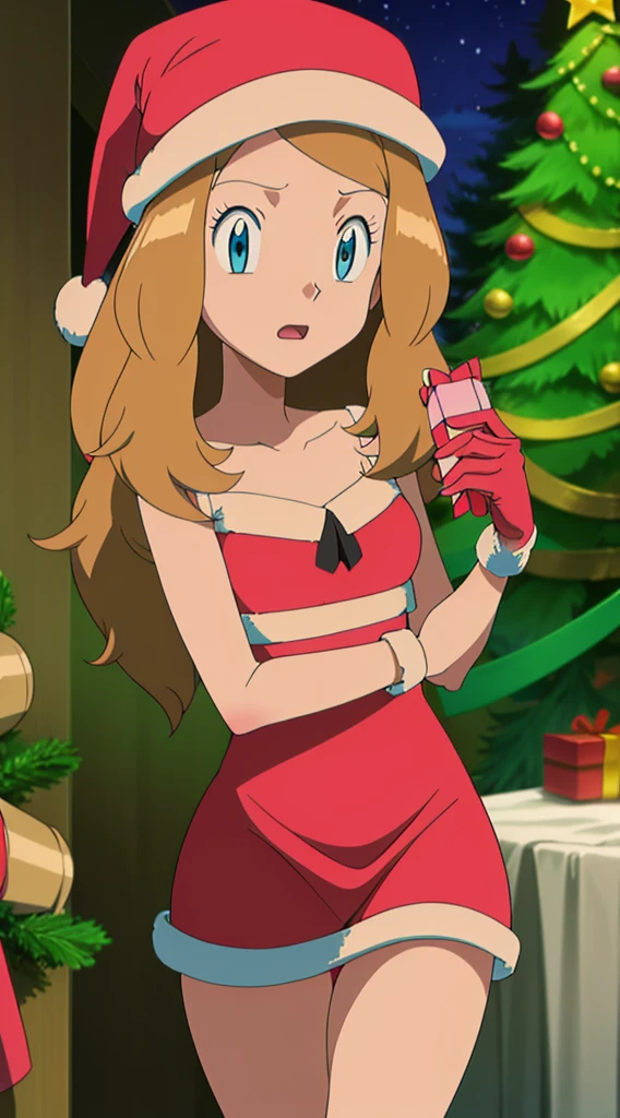 masterpiece, best quality, 1 solo girl, dark blonde hair, blue eyes, long hair, wavy hair, Christmas ornaments, medium breasts, mature body and face, red christmas dress, christmas, christmas light, christmas tree, red gloves, red santa skirt, holding gift, red bra, red panty, leg up, cowboy shots, sexy pose, dakimakura, detailed body, face, and eyes, sharp focus, vibrant, creative, dynamic, high definition, high resolution, 8k, (Upscale: R-ESRGAN 4x+ Anime6B), (Image enchance:4x), voluptuous body