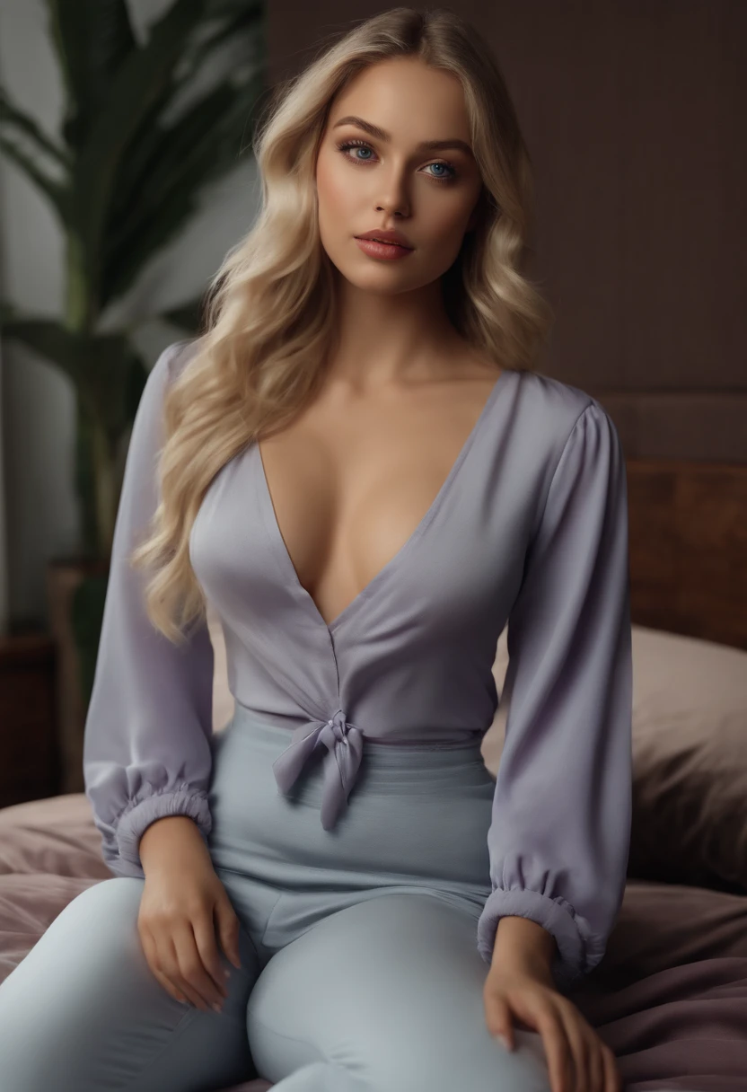 Arafed woman in full , Sexy girl with blue eyes, ultra realistis, Meticulous detail, portrait sophie mudd, blonde hair and large eyes, selfie of a young woman, bedroom eyes, violet myers, no makeup, natural makeup, looking straight at camera, face with artgram, fine makeup, Stunning full-length shot, kneeling on the bed, in bedroom, Medium to large size bust