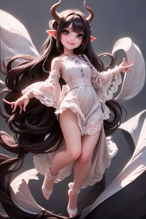 a (horned demon girl) smiling, wearing a lace cloth dress, black hair, red smokey eyes makeup, hair accesories, dramatic floating pose, full body, (((sfw)))