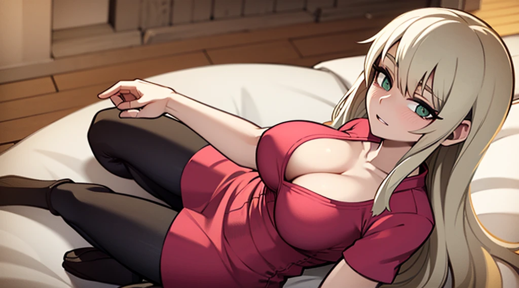 female, sitting, on the bed, big boobs, pink dress