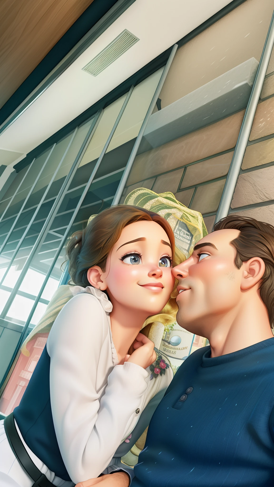 il y a un homme et une femme qui s'embrassent devant un immeuble, photorealistic disney, disney photo realistic, Pixar Portrait 8 K Photo, kissing nicely together, Close-up image, Full resolution, animation film still, in style of disney animation, animation film still, Moving image, 8k!, Tangled, Disney Pixar film encore, gros plan!!!!!