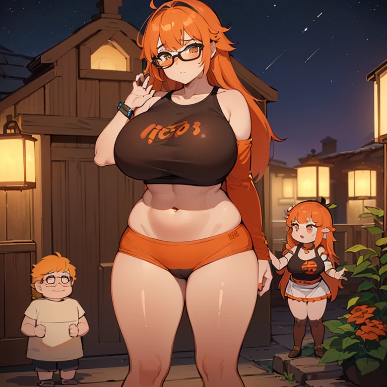 ((1 dwarf woman, difference in size)),((mini blusa aberta, mini saia))),((huge breasts, seios nus, buceta nua, buceta muito peluda)),((orange hair)) ,(( 1 olhos azuis, Round Eyewear, Hopeless face)),((Standing, Em uma floresta assombrada, at night)),((1 arm behind the back)),