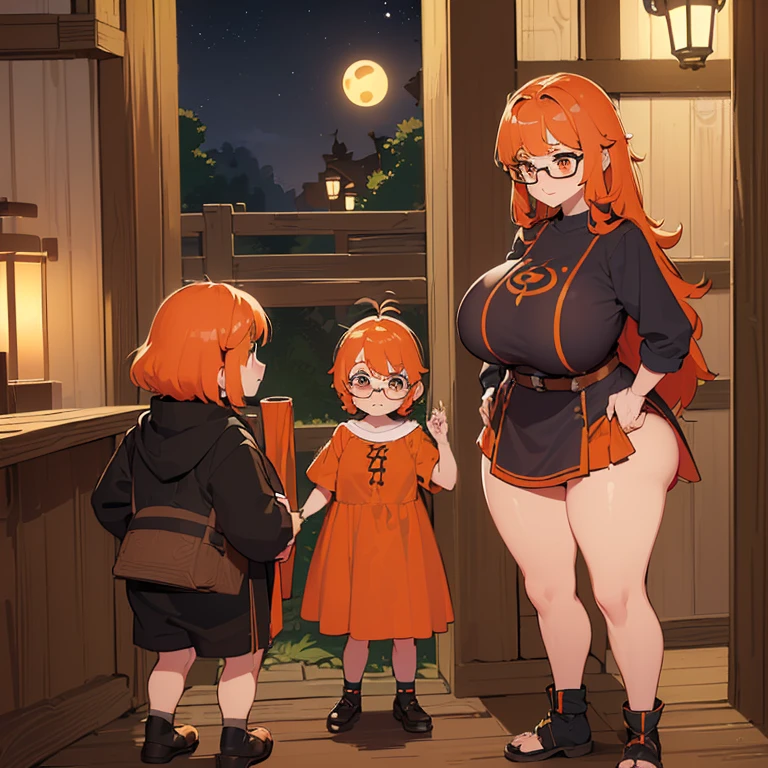 ((1 dwarf woman, size difference)),((open mini blouse, mini skirt))),((huge breasts, naked breasts, naked pussy, very hairy pussy)),((orange hair)) ,(( 1 blue eyes, round glasses, hopeless face)),((standing, In a haunted forest, at night)),((1 arm behind the back)),