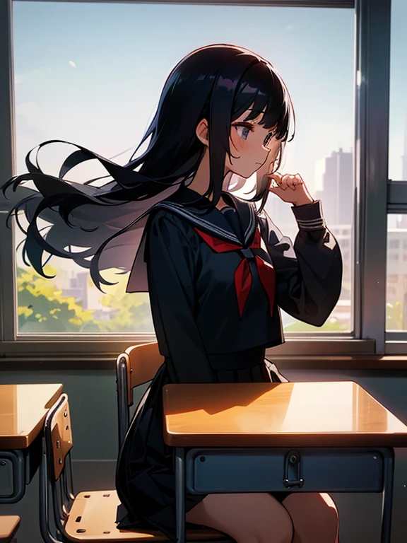 Best quality, (background is a school classroom), 1 girl, sitting on a school chair, looking out the window, (gazing at the view from the classroom window), (classroom scene: 1.3), black long-sleeved sailor uniform, black pleated skirt, black hair, long hair, young girl, school desk, hand up, elbows on table,cinematic lighting,Front view