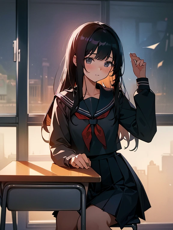 Best quality, (background is a school classroom), 1 girl, sitting on a school chair, looking out the window, (gazing at the view from the classroom window), (classroom scene: 1.3), black long-sleeved sailor uniform, black pleated skirt, black hair, long hair, young girl, school desk, hand up, elbows on table,cinematic lighting,Front view