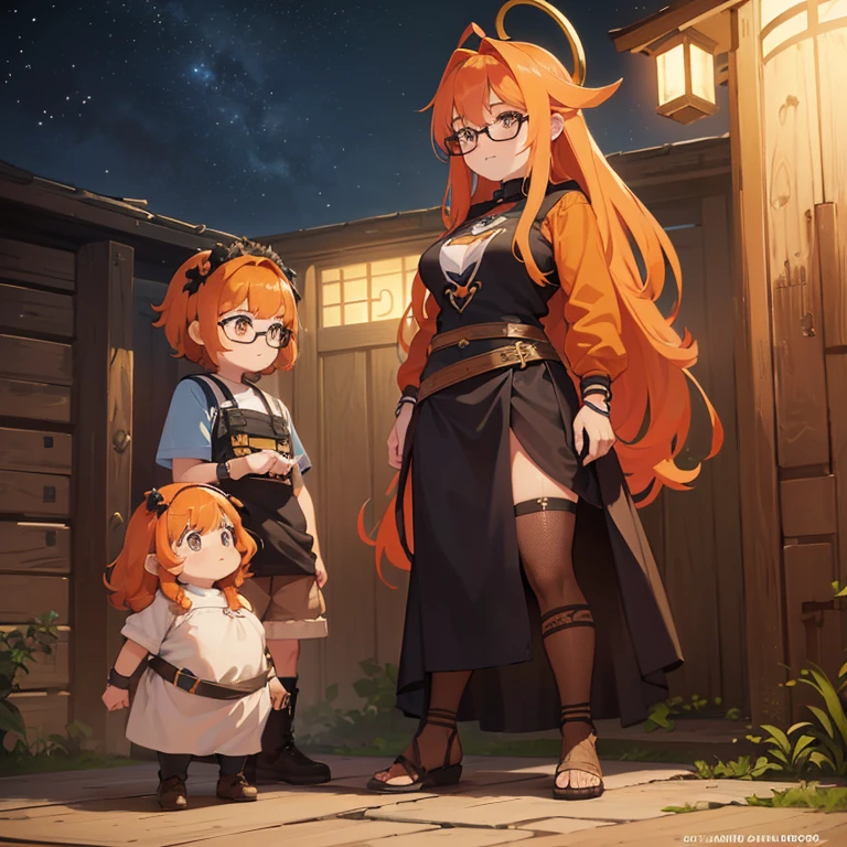 ((1 dwarf woman, difference in size)),((mini blusa aberta, Mini Saia))),((Seios enormes, seios nus, buceta nua, buceta muito peluda)),((orange hair)) ,(( 1 olhos azuis, Round Eyewear, Hopeless face)),((Standing, em uma floresta assombrada, at night)),((1 arm behind the back)),