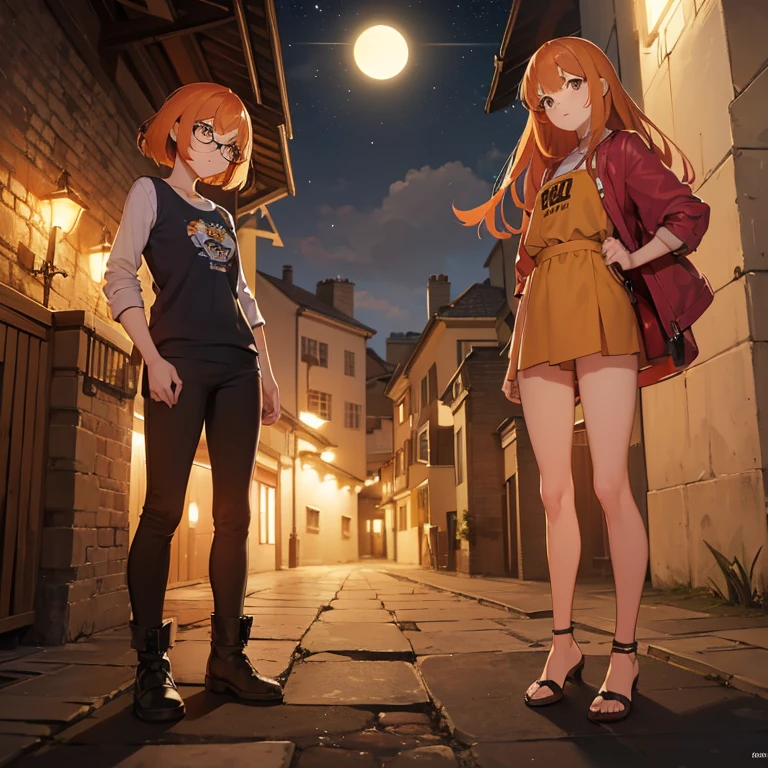 ((1 dwarf woman, difference in size)),((mini blusa aberta, Mini Saia))),((Seios enormes, seios nus, buceta nua, buceta muito peluda)),((orange hair)) ,(( 1 olhos azuis, Round Eyewear, Hopeless face)),((Standing, em uma floresta assombrada, at night)),((1 arm behind the back)),