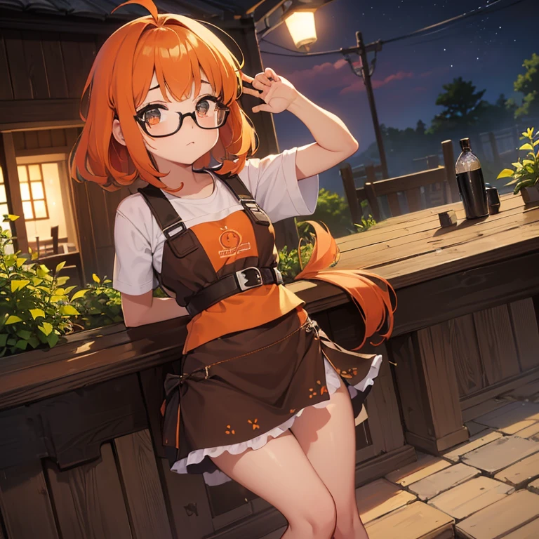 ((1 dwarf woman, difference in size)),((mini blusa aberta, Mini Saia))),((Seios enormes, seios nus, buceta nua, buceta muito peluda)),((orange hair)) ,(( 1 olhos azuis, Round Eyewear, Hopeless face)),((Standing, em uma floresta assombrada, at night)),((1 arm behind the back)),