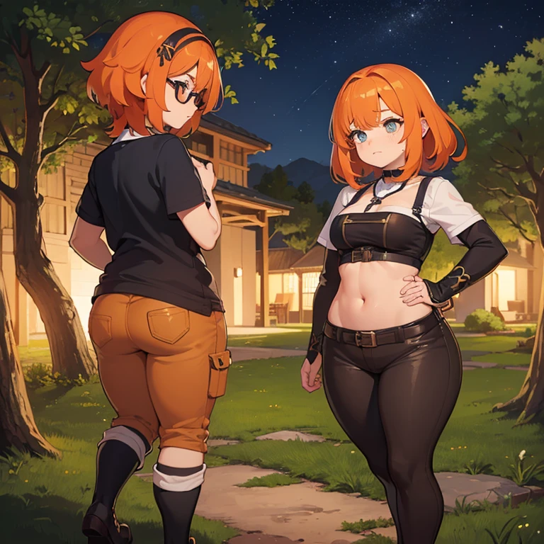 ((1 dwarf woman, size difference)),((open mini blouse, mini skirt))),((huge breasts, naked breasts, naked pussy, very hairy pussy)),((orange hair)) ,(( 1 blue eyes, round glasses, hopeless face)),((standing, In a haunted forest, at night)),((1 arm behind the back)),