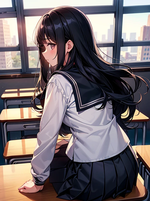 Best quality, (background is a school classroom), 1 girl, sitting on a school chair, looking out the window, (gazing at the view from the classroom window), (classroom scene: 1.3), black long-sleeved sailor uniform, black pleated skirt, black hair, long hair, young girl, school desk, cinematic lighting