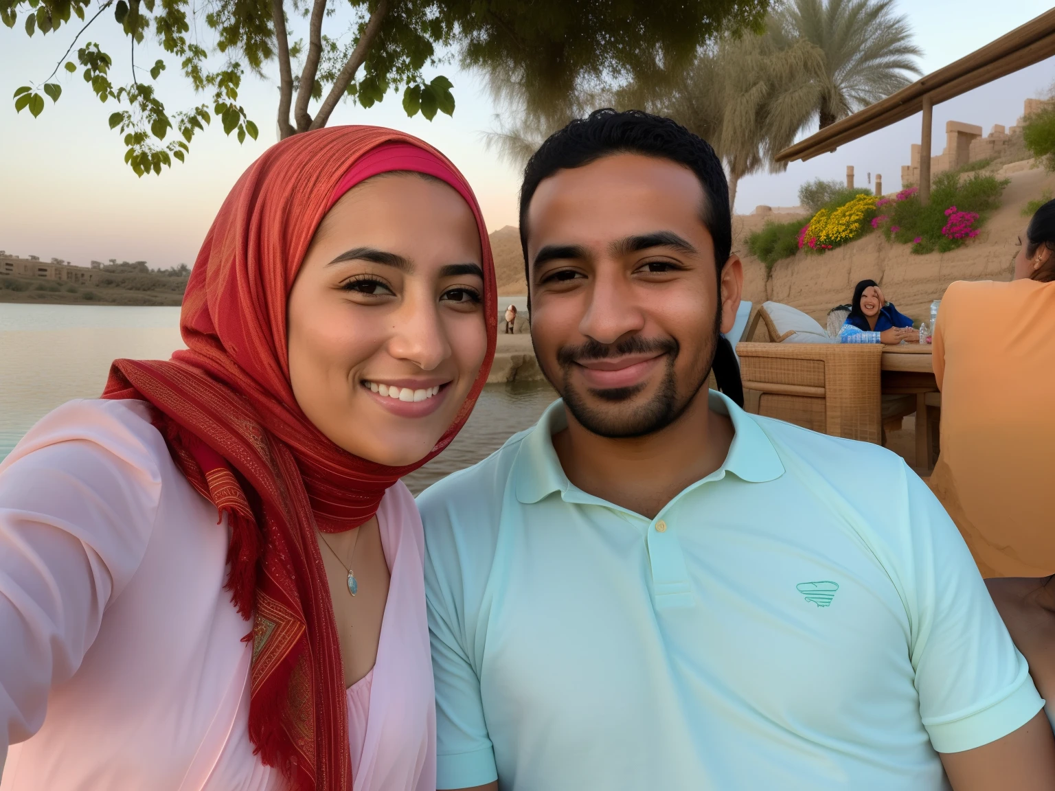 they are posing for a picture together in front of a lake, in egypt, happy couple, profile image, from egypt, ghutra and egal, smiling couple, profile picture, during sunset, at sunrise, portrait of two people, a picture, photo taken in 2 0 2 0, lovely couple, at sunset, christophe young eytan zana, evening at dusk
