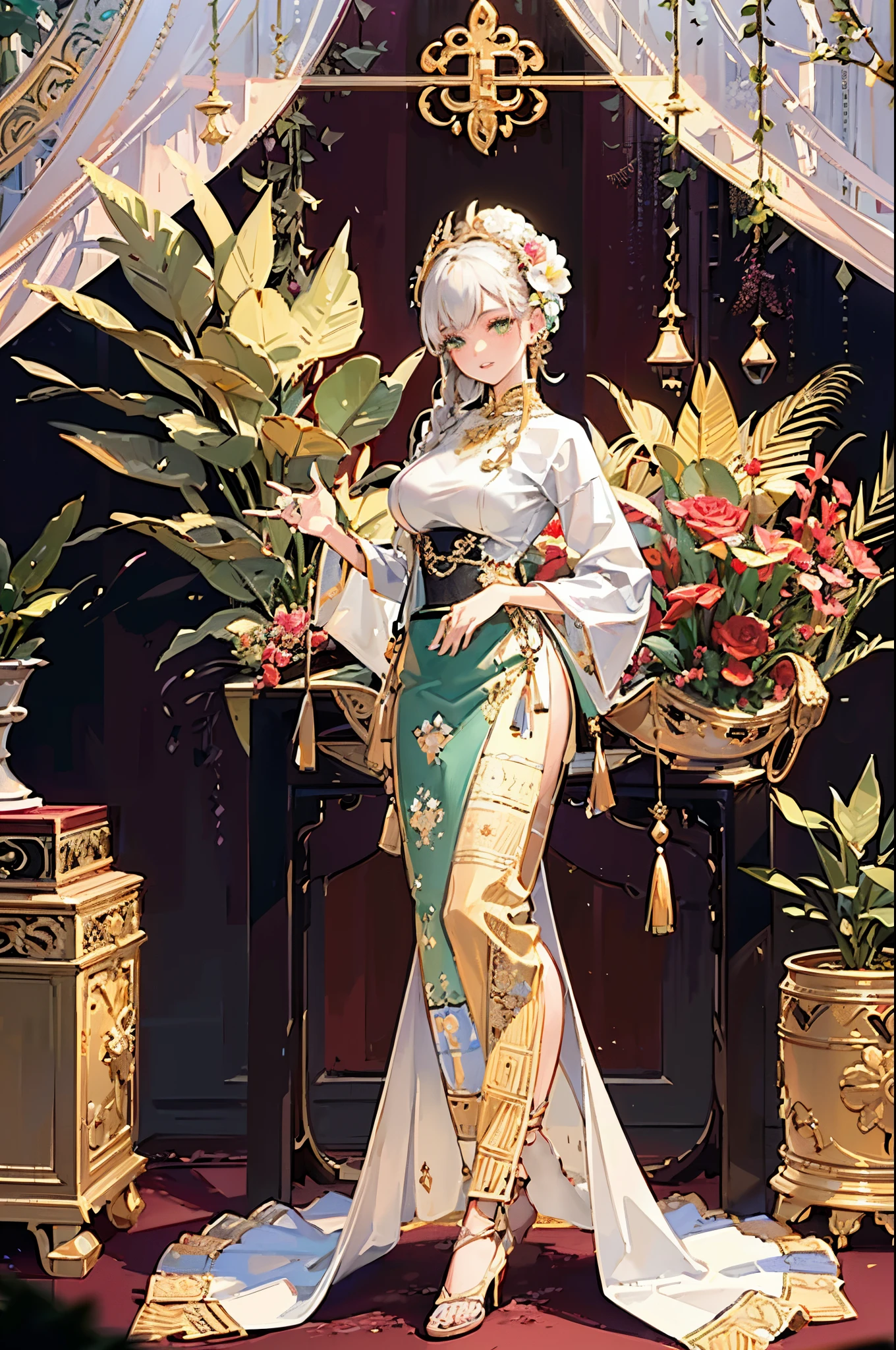 (best quality,4k,8k,highres,masterpiece:1.2),ultra-detailed,(realistic,photorealistic,photo-realistic:1.37),MMTD Burmese patterned traditional dress lady,beautiful detailed green eyes,beautiful detailed lips,extremely detailed eyes and face,long eyelashes,colorful patterns all over the dress,fine embroidery on the dress,gorgeous floral motifs on the dress,elaborate gold accents on the dress,traditional headdress with delicate ornaments,posing gracefully with one hand on the hip,standing in a blooming garden surrounded by exotic flowers and tropical plants,vibrant colors and contrast,soft natural lighting illuminating the scene,showcasing the intricate design and craftsmanship of the dress and accessories,aesthetic combination of tradition and elegance.