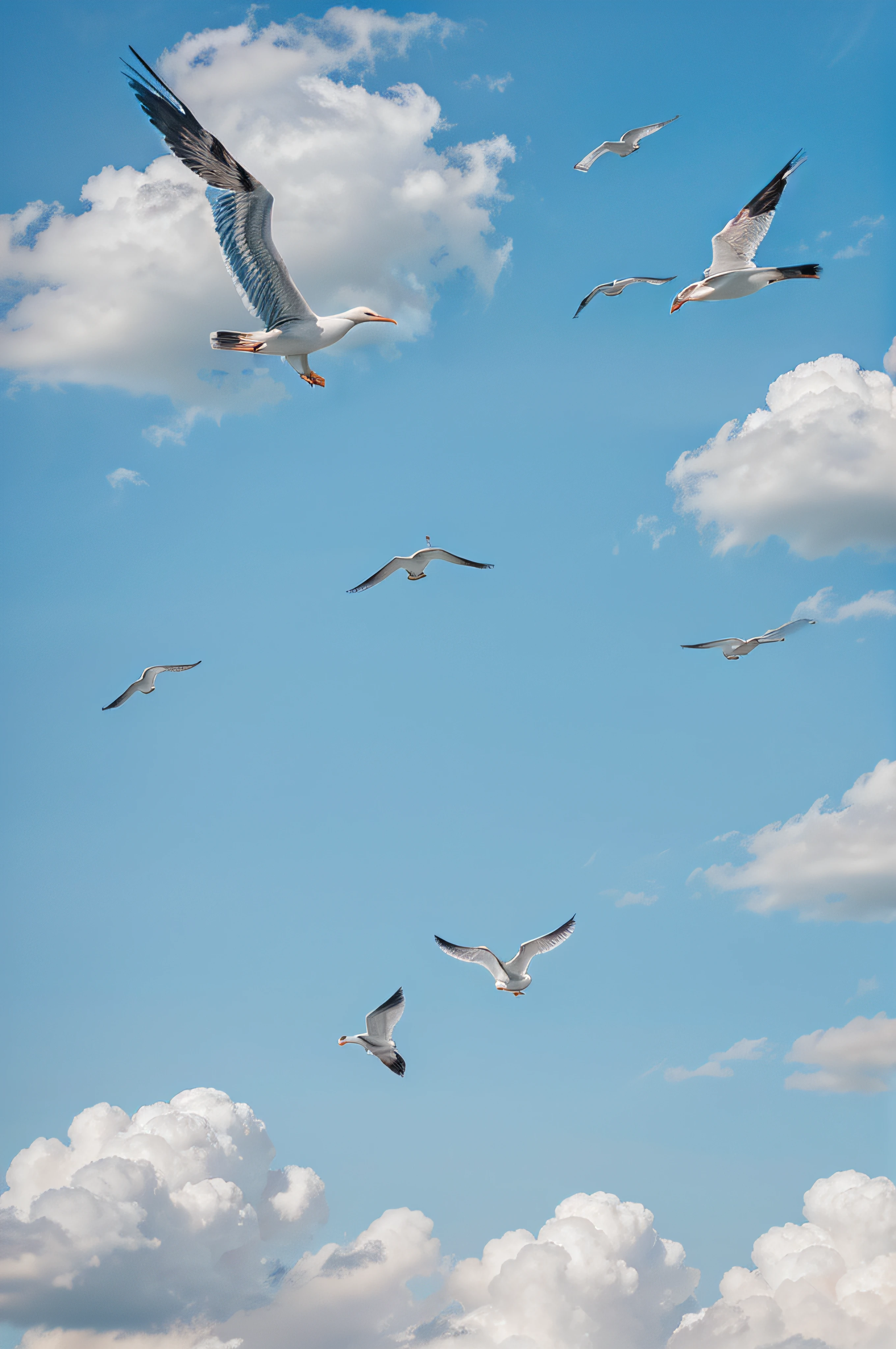 light blue sky background with clouds and seagulls flying