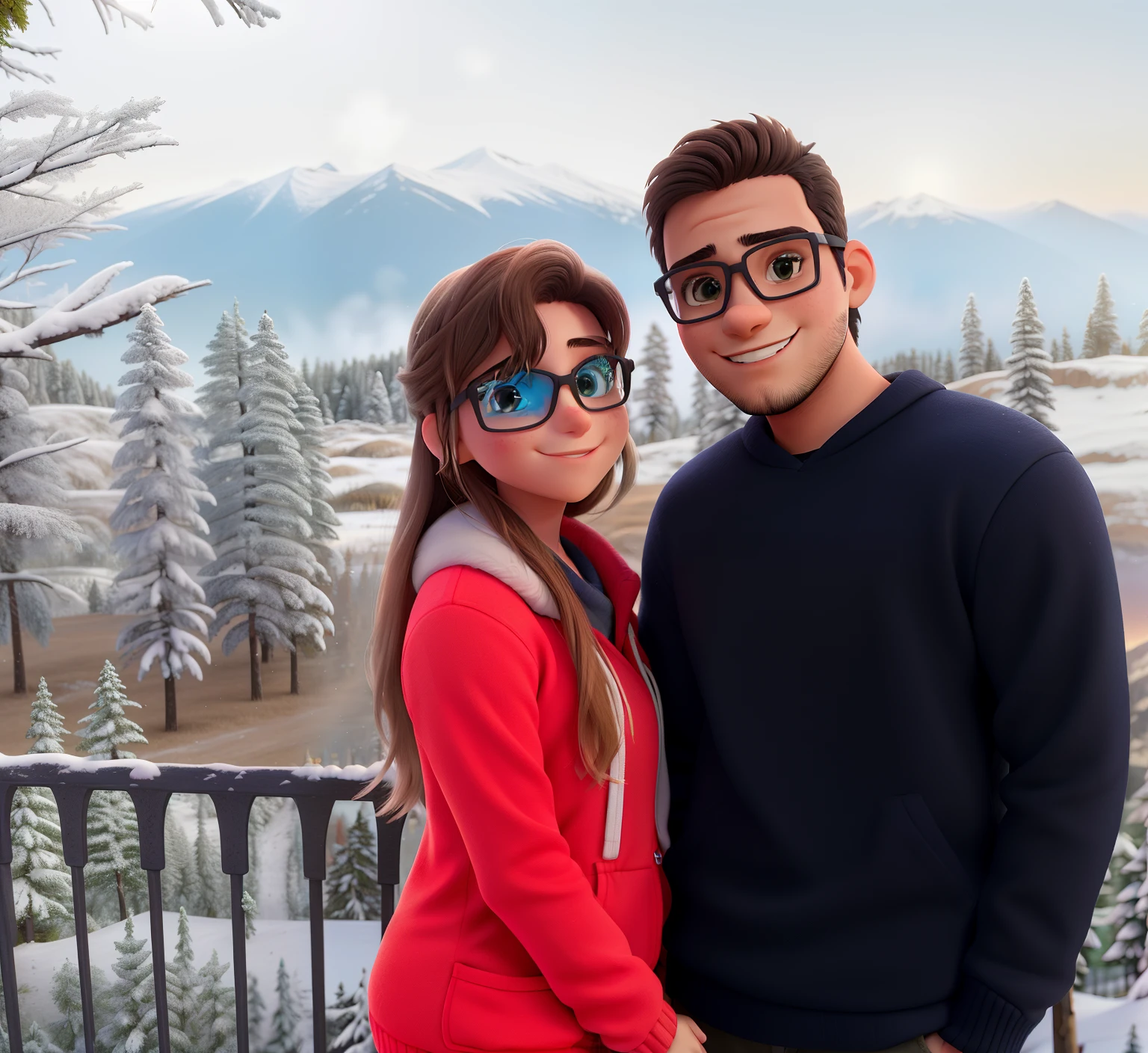 Um casal jovem, felizes parados na frente de montanhas nevadas, iluminados pelo sol de ineverno, contra o pano de fundo de uma linda montanha.
