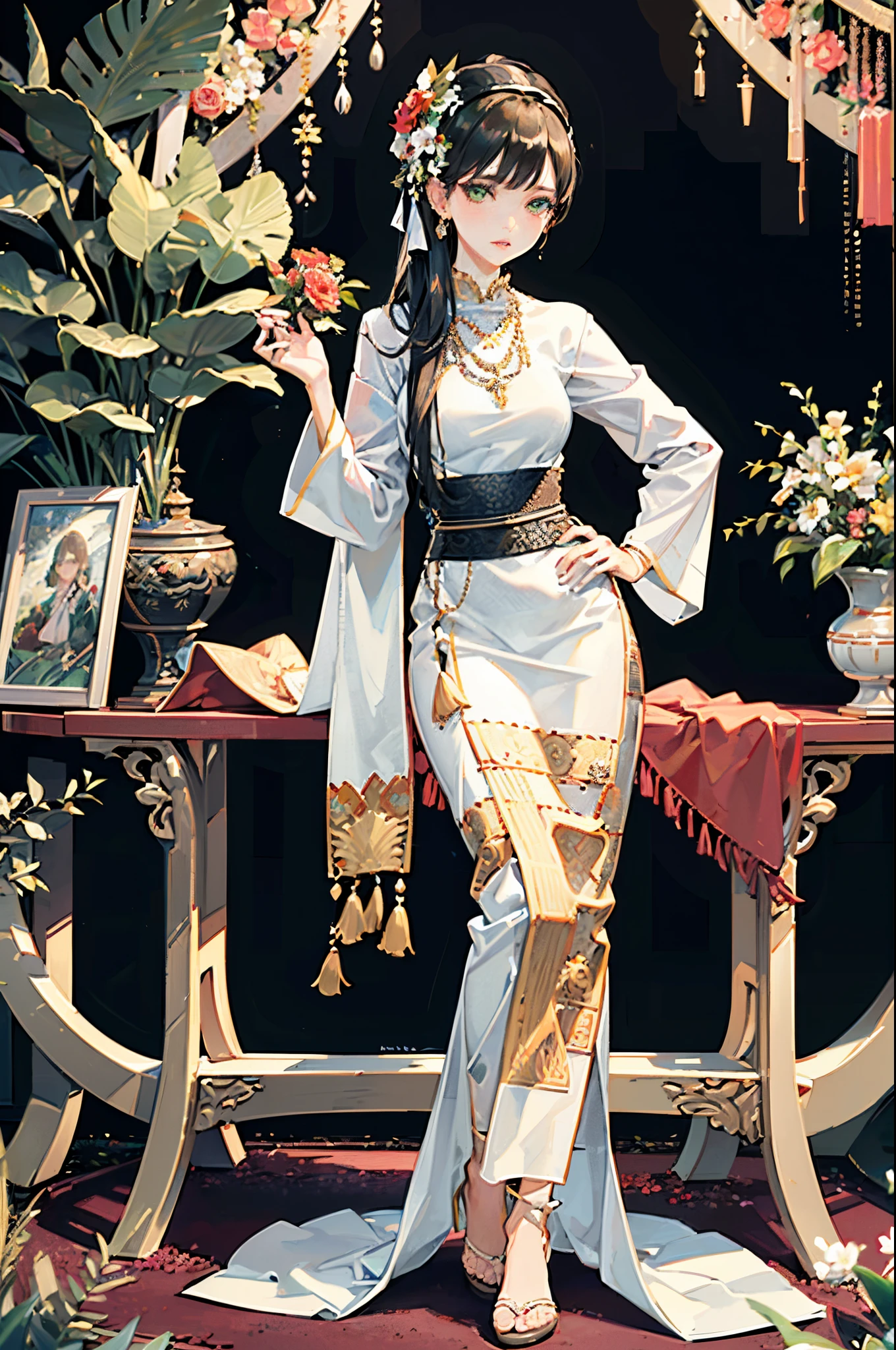 (best quality,4k,8k,highres,masterpiece:1.2),ultra-detailed,(realistic,photorealistic,photo-realistic:1.37),MMTD Burmese patterned traditional dress lady,beautiful detailed green eyes,beautiful detailed lips,extremely detailed eyes and face,long eyelashes,colorful patterns all over the dress,fine embroidery on the dress,gorgeous floral motifs on the dress,elaborate gold accents on the dress,traditional headdress with delicate ornaments,posing gracefully with one hand on the hip,standing in a blooming garden surrounded by exotic flowers and tropical plants,vibrant colors and contrast,soft natural lighting illuminating the scene,showcasing the intricate design and craftsmanship of the dress and accessories,aesthetic combination of tradition and elegance.