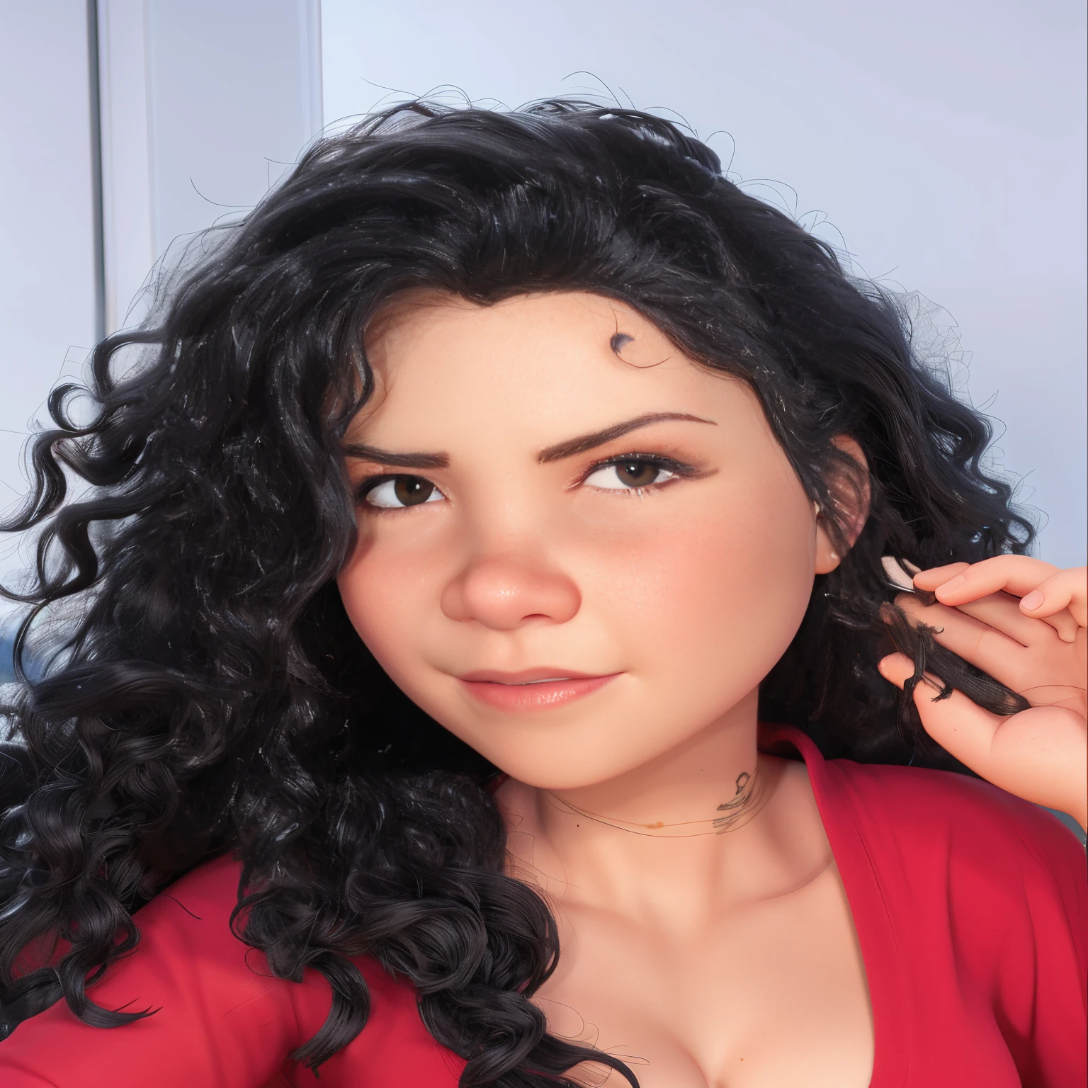 um close up de uma mulher com uma camisa vermelha e um colar, cabelo encaracolado preto, longos cabelos cacheados pretos selvagens, cabelos negros cacheados, longos cabelos cacheados pretos, cabelos escuros cacheados, preto longo cabelo encaracolado longo, longos cabelos negros encaracolados, longos cabelos cacheados escuros, lindo rosto latino, com cacheado longo,