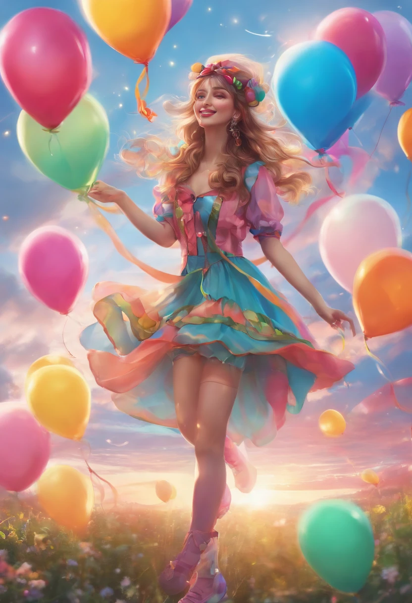 A photo of the character juggling colorful balloons in a whimsical costume,original,Anime merch, beanie, glasses, long hair with neon streaks, no makeup