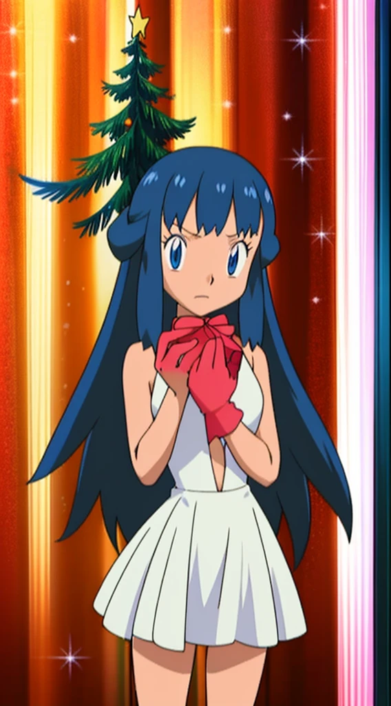 masterpiece, best quality, 1 solo girl, dark blue hair, blue eyes, long hair, wavy hair, Christmas ornaments, medium breasts, mature body and face, red christmas dress, christmas, christmas light, christmas tree, red gloves, red santa skirt, holding gift, red bra, red panty, leg up, cowboy shots, sexy pose, dakimakura, detailed body, face, and eyes, sharp focus, vibrant, creative, dynamic, high definition, high resolution, 8k, (Upscale: R-ESRGAN 4x+ Anime6B), (Image enchance:4x), voluptuous body